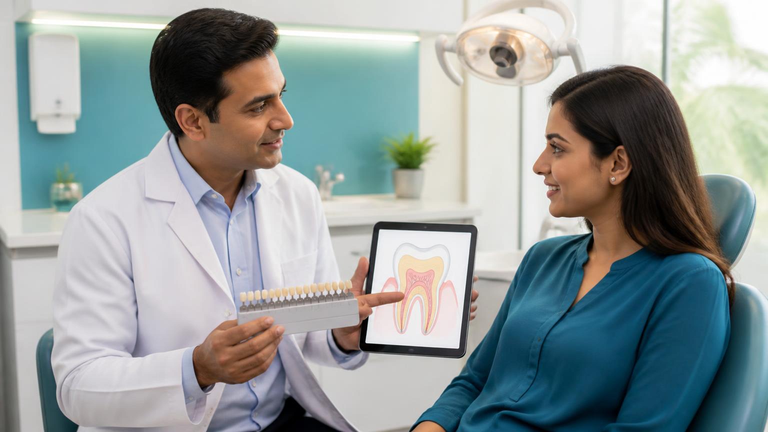 Dentist explaining professional teeth whitening and possible sensitivity to an adult patient