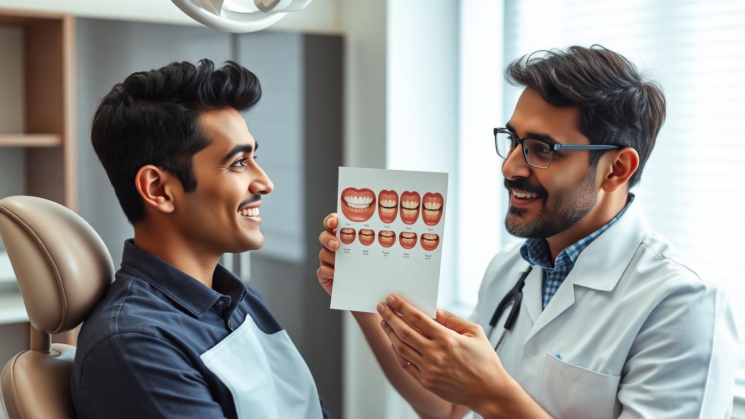 Dentist showing an adult patient natural tooth shade examples while discussing whitening options