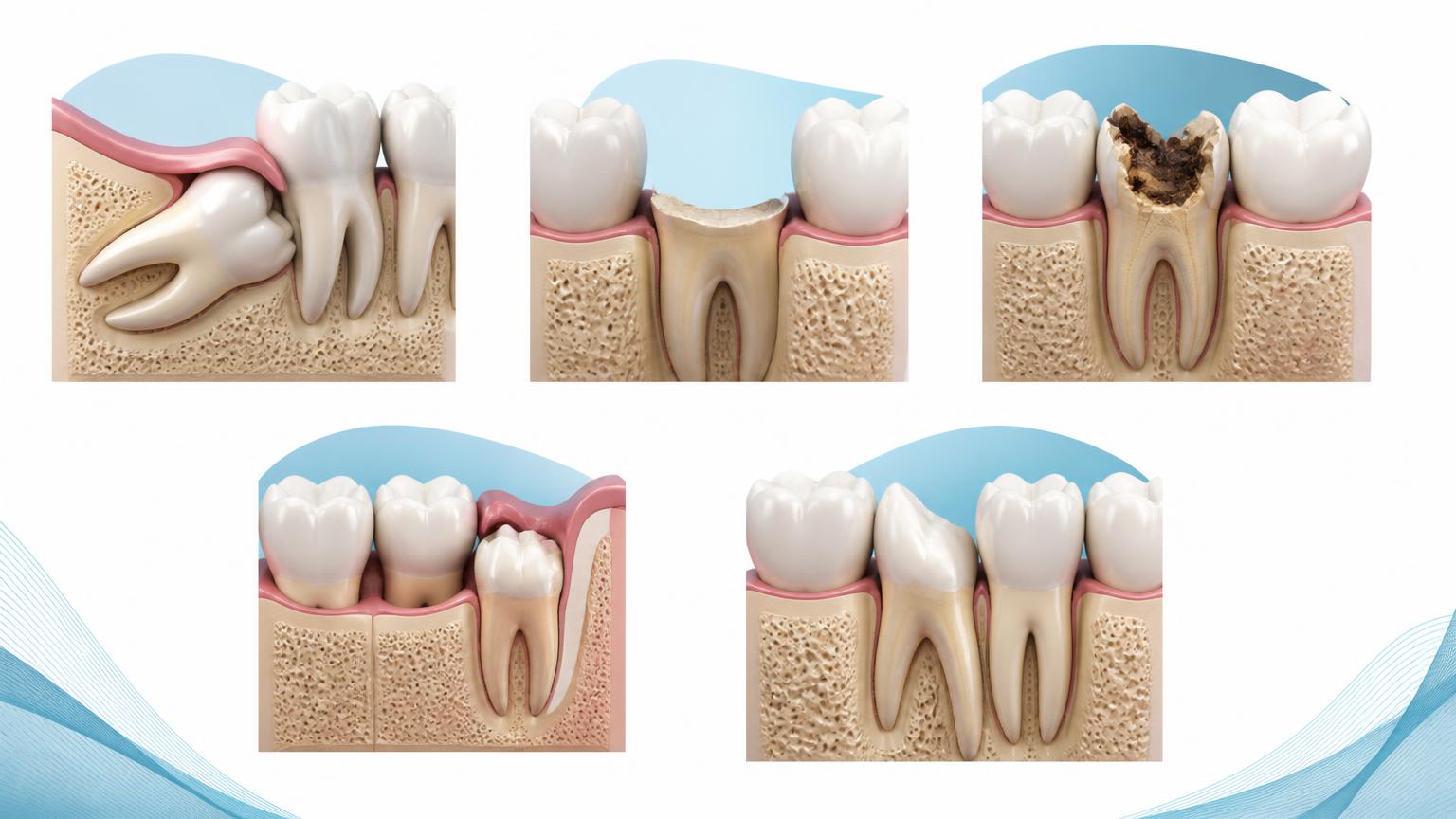 Dental illustration showing situations that make tooth extraction more complex