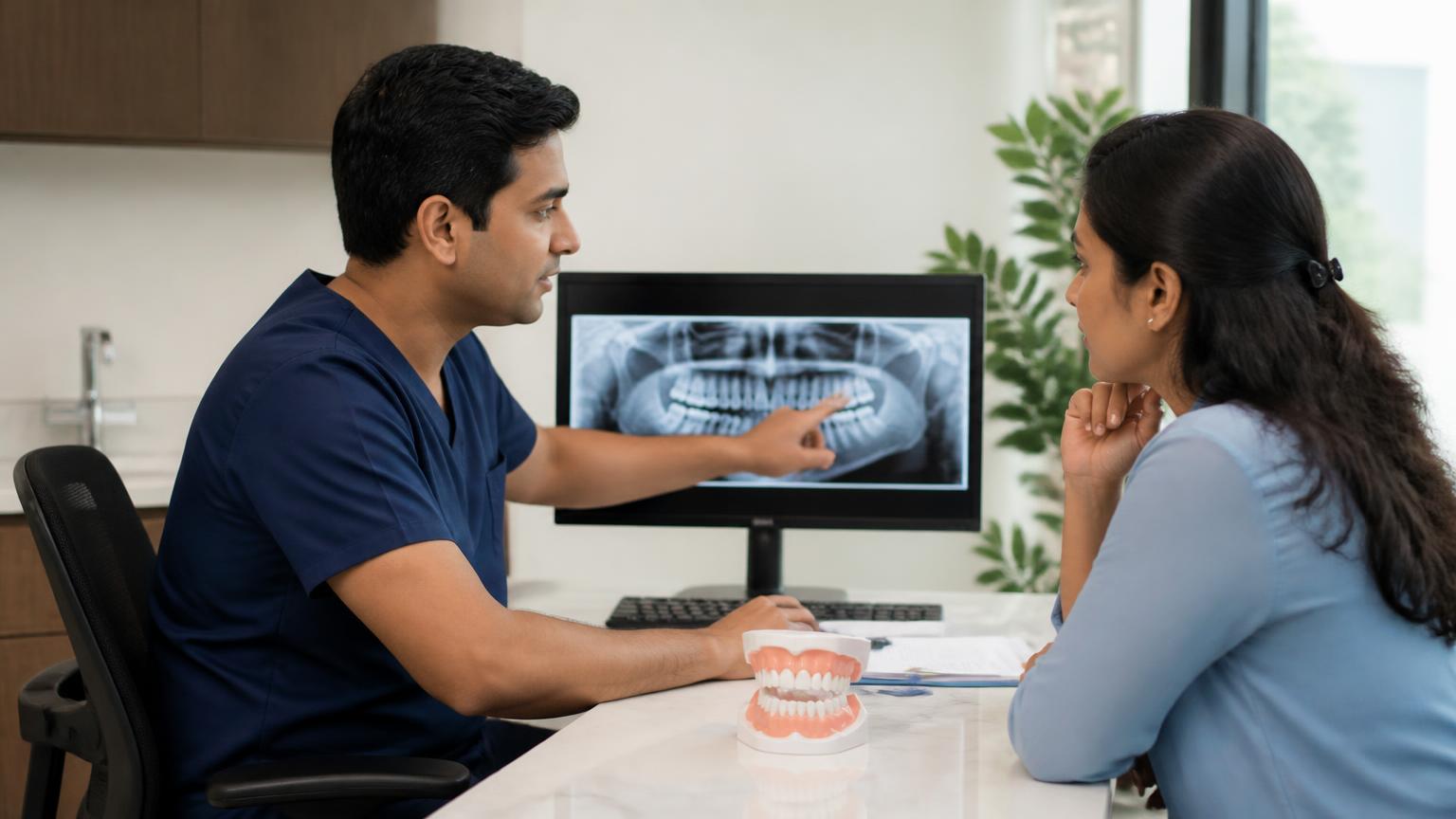 Dentist reviewing a dental X-ray with an adult patient during a wisdom tooth assessment