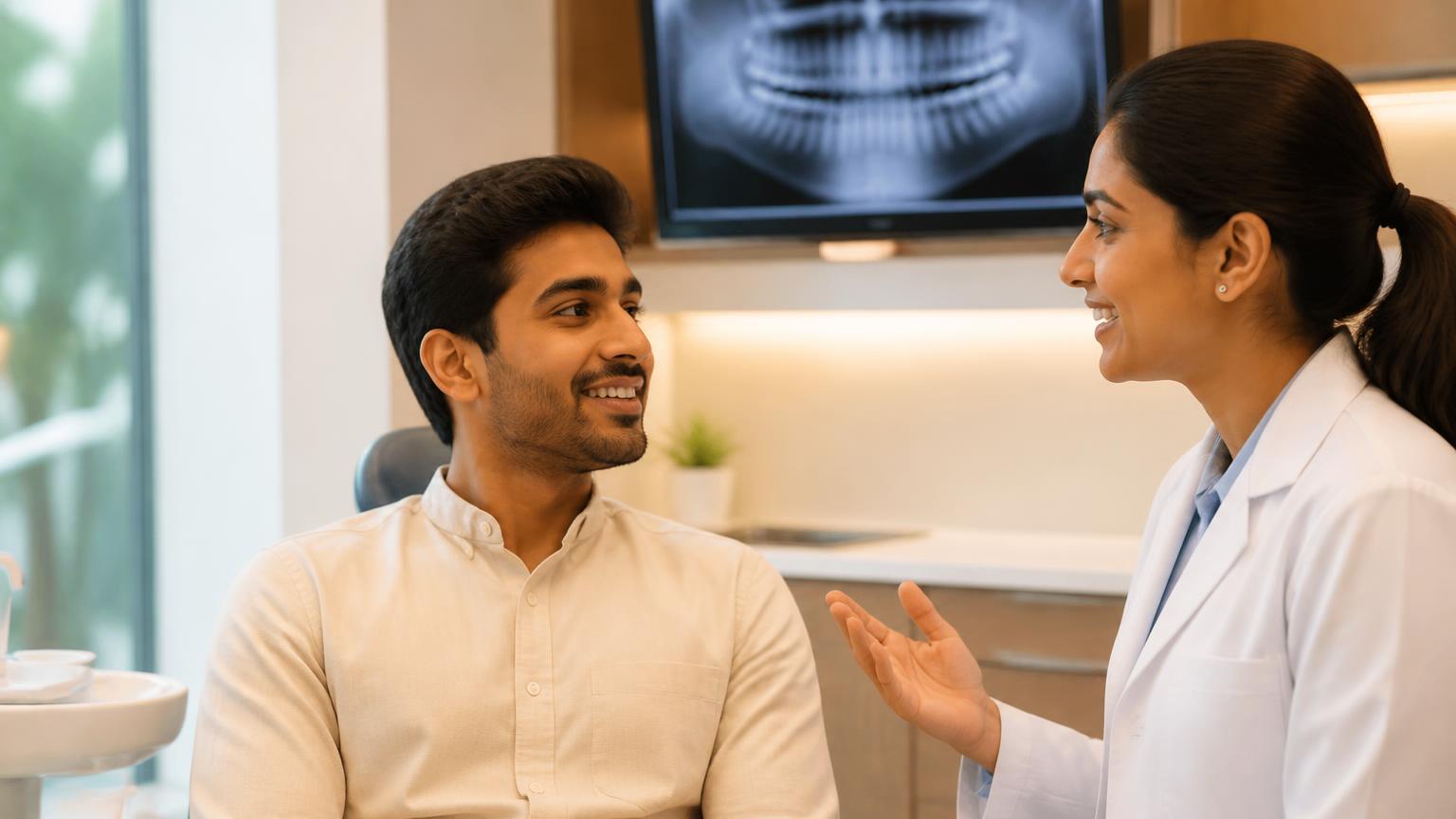 Patient having a positive and reassuring wisdom tooth consultation with a dentist